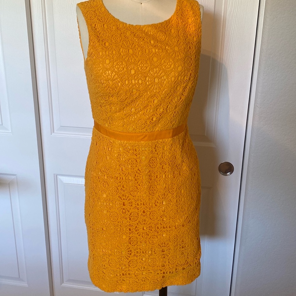 Trina Turk crocheted bright orange size 10 dress with ribbon detail.